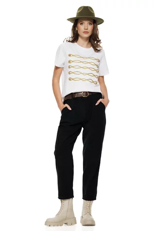 Pantalon dama cu talie inalta din bumbac raiat negru cu dungi fine si curea