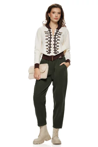 Pantalon dama cu talie inalta din bumbac raiat olive cu dungi fine si curea