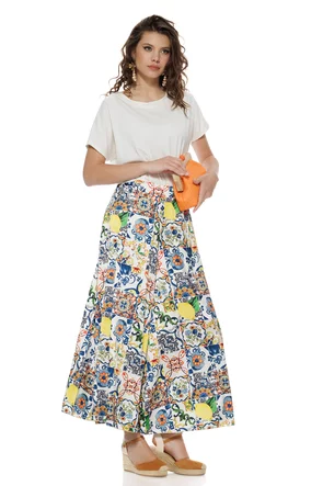 Pantalon dama de vara larg satinat cu imprimeu mediteranean Amalfi