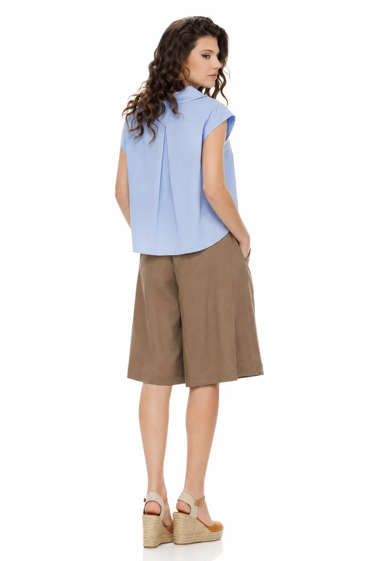 Pantalon dama din in premium bej tip bermuda cu pense ample si cordon picture - 2