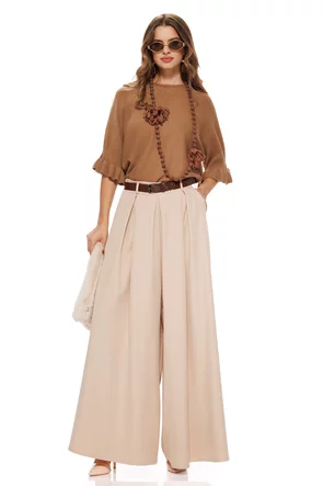 Pantalon dama elegant bej cu croi larg curea pense si buzunare