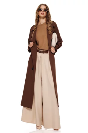 Pantalon dama elegant bej cu croi larg curea pense si buzunare