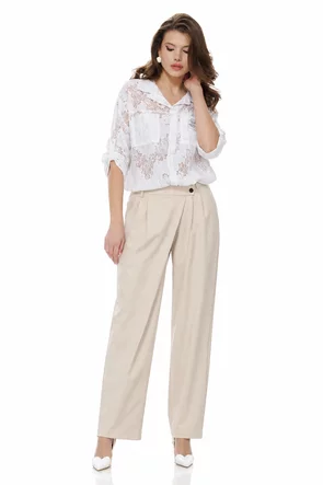 Pantalon dama elegant bej cu pense si petrecere inedita