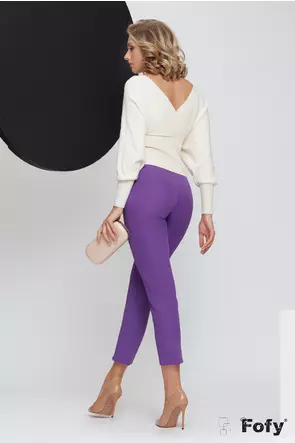 Pantalon dama elegant cu talie inalta mov cu pense de cambrare