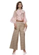 Pantalon dama elegant din stofa premium in carouri bej cu roz si curea
