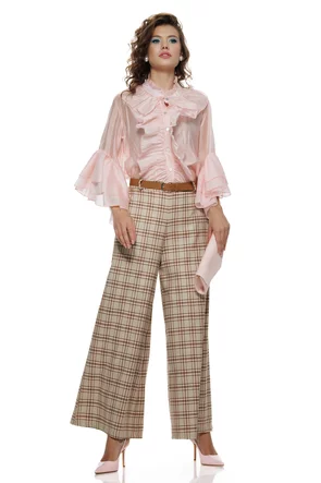 Pantalon dama elegant din stofa premium in carouri bej cu roz si curea