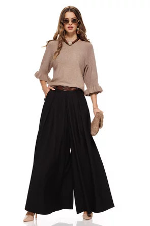 Pantalon dama elegant negru cu croi larg curea pense si buzunare