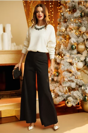 Pantalon dama elegant premium evazat cu talie inalta si strasuri fine