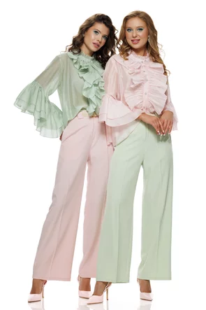 Pantalon dama elegant roz wide cu buzunare si curea