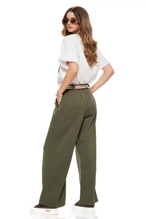 Pantalon dama kaki cu buzunare vascoza cu bumbac croi lejer cu cordon bicolor