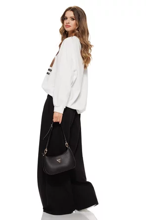 Pantalon dama larg negru cu talie inalta pense duble si centura in talie