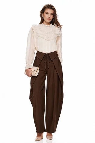 Pantalon dama maro balloon cu pense ample si betelie intoarsa