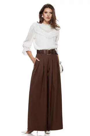 Pantalon dama maro extra-wide cu talie inalta pense duble si centura in talie
