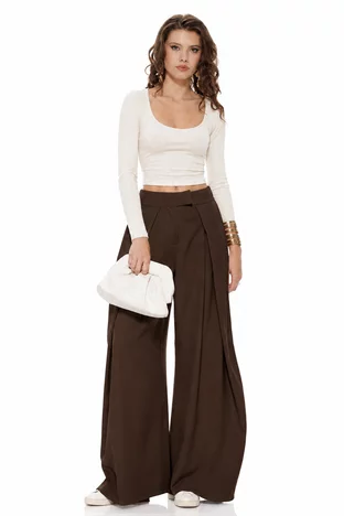 Pantalon dama maro wide cu pense ample si buzunare laterale