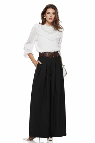 Pantalon dama negru extra-wide cu talie inalta pense duble si centura in talie