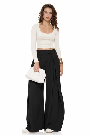 Pantalon dama negru wide cu pense ample si buzunare laterale