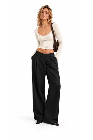 Pantalon dama negru wide cu pense ample talie crossover