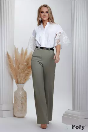 Pantalon dama office olive larg din material premium plin cu cadere si curea inclusa