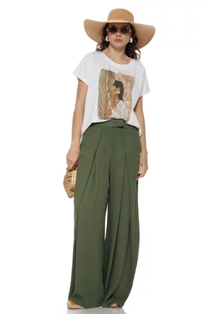 Pantalon dama olive wide cu pense ample din vascoza racoroasa