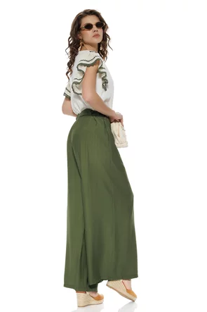 Pantalon dama olive wide cu pense din vascoza racoroasa