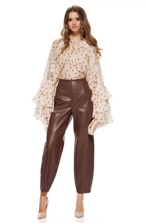 Pantalon dama piele ecologica maro cu talie inalta conic