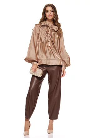 Pantalon dama piele ecologica maro cu talie inalta conic