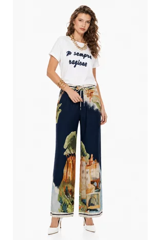 Pantalon dama premium din matase naturala si vascoza satinata imprimeu bleumarin