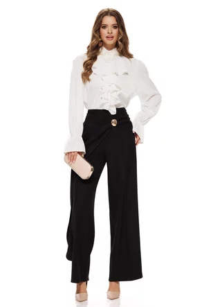 Pantaloni dama elegant negru front twist cu accesoriu auriu