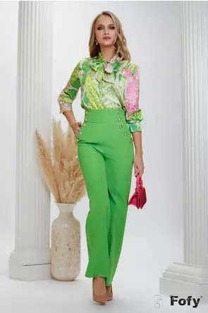 Pantaloni dama eleganti verde lime cu talie inalta si nasturi metalici
