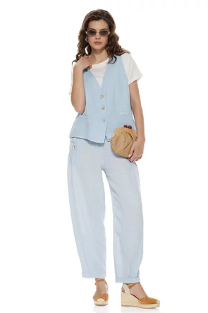 Pantaloni dama premium baby blue din in cu pense buzunare si nasturi aurii