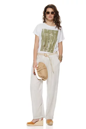 Pantaloni dama premium bej nature din in curea impletita