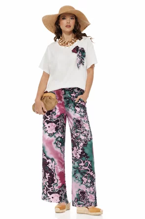 Pantaloni damă premium cu imprimeu abstract multicolor și croi drept