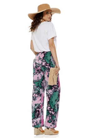 Pantaloni damă premium cu imprimeu abstract multicolor și croi drept