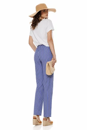 Pantaloni dama premium din bumbac, albaștri cu dungi albe