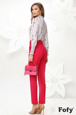 Pantaloni de dama fuchsia conici cu talie inalta si accesoriu detasabil