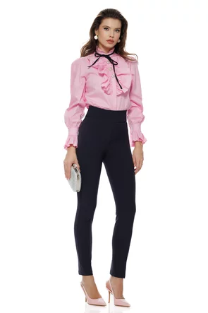 Pantaloni eleganti Fofy bleumarin cu talie inalta usor elastici si betelie lata