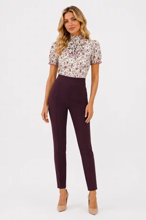 Pantaloni eleganti Fofy bordo cu talie inalta usor elastici si betelie lata