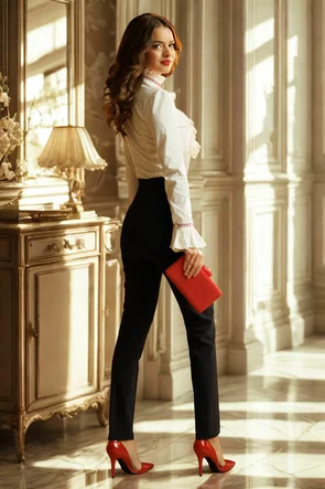 Pantaloni Fofy bleumarin cu talie inalta usor elastici si betelie lata si nasturi  aurii