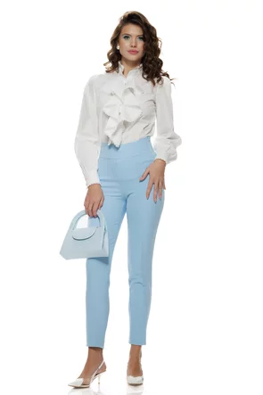 Pantaloni Fofy dama baby blue menta cu talie inalta si croi conic