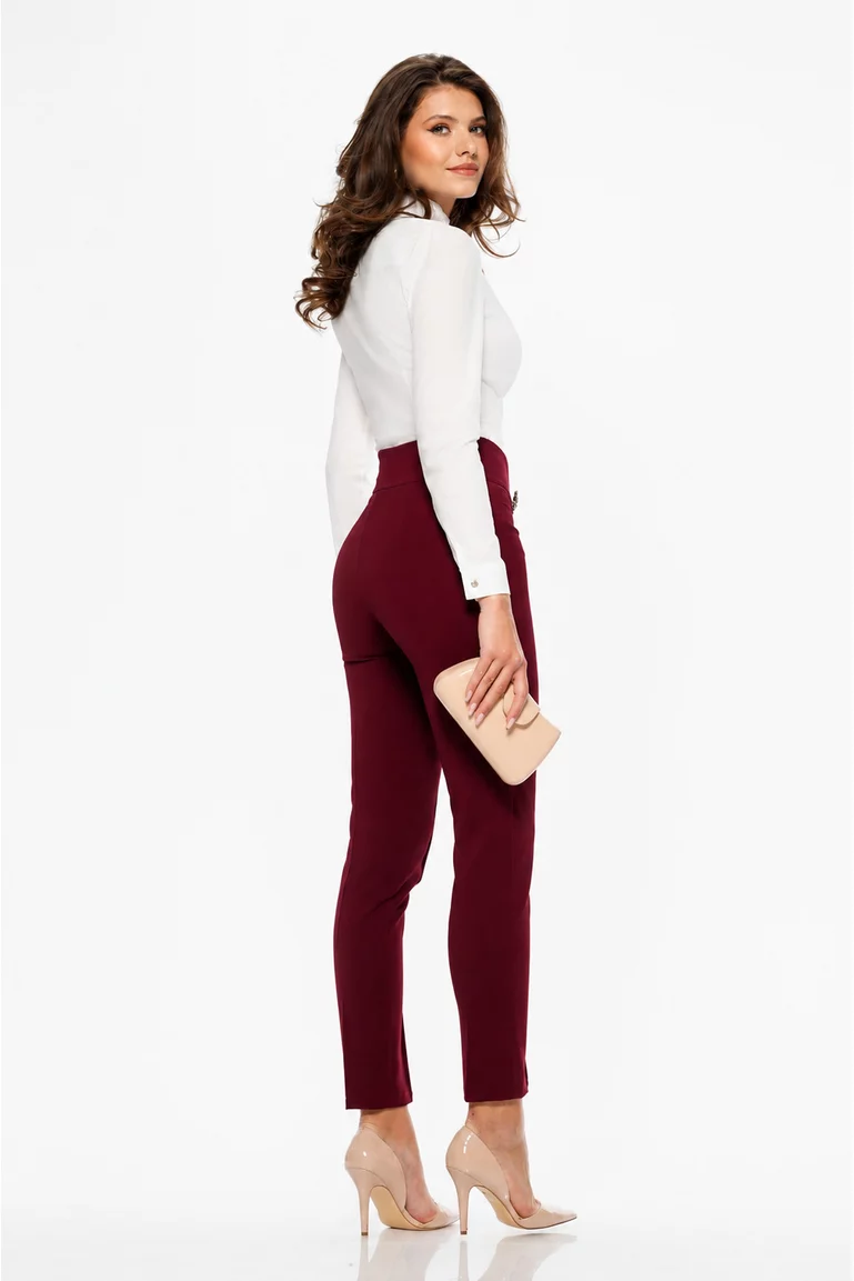 Pantaloni Fofy dama bordo cu talie inalta croi conic si accesoriii aurii cu strasuri in talie picture - 2
