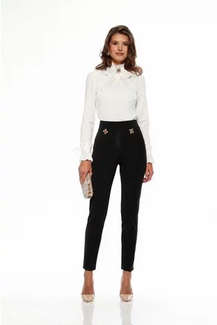 Pantaloni Fofy dama negri cu talie inalta croi conic si accesoriii aurii cu strasuri in talie