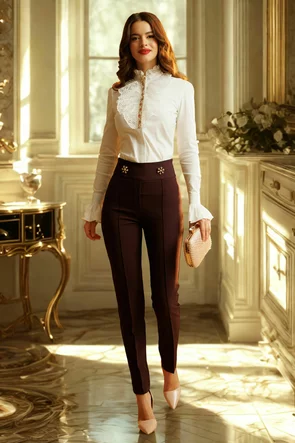 Pantaloni Fofy bordo cu talie inalta usor elastici si betelie lata si nasturi  aurii