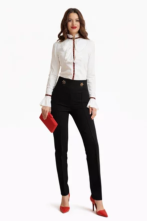 Pantaloni Fofy negri cu talie inalta usor elastici si betelie lata si nasturi  aurii