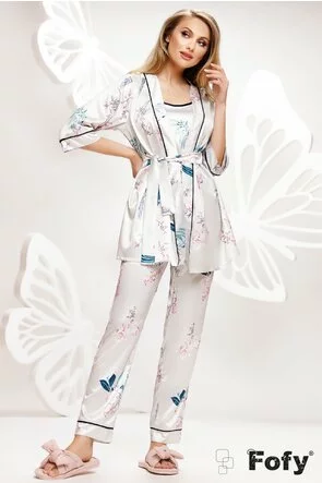 Pijama Fofy din saten premium 3 piese gri imprmeu floral
