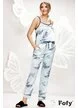 Pijama Fofy in saten premium 3 piese imprimeu bleu cu frunze de palmier