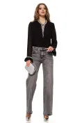 Blugi dama gri cu strasuri croi drept material premium prespalat picture - 1
