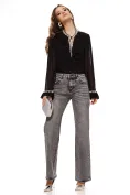 Blugi dama gri cu strasuri croi drept material premium prespalat picture - 2