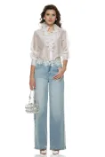 Blugi dama wide premium albastru deschis elastici cu broderie margele cristale si perle picture - 3