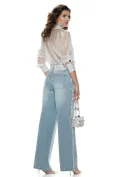 Blugi dama wide premium albastru deschis elastici cu broderie margele cristale si perle picture - 4