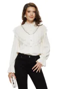 Bluza dama eleganta ivoire din dantela catifelata cu jabou in V dantelat cu aplicatii de cristale maxi picture - 1